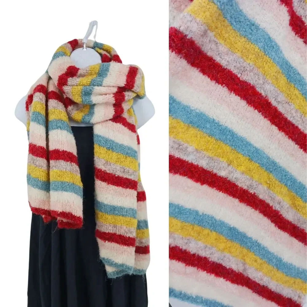 Fuzzy Soft Cozy Colorful Striped Wool Blend Scarf